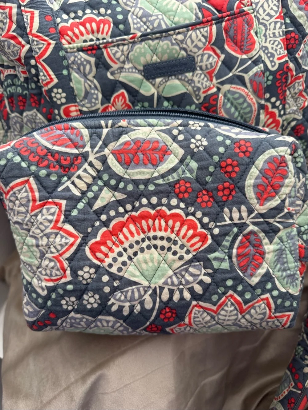 Vera Bradley Quilted Floral Tote & Backpack in Navy, Red & Mint